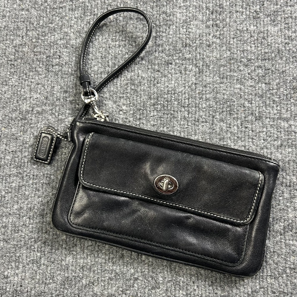 Coach Clutch Womens Small Black Leather Zip Wristlet Turnlock Pouch Bag